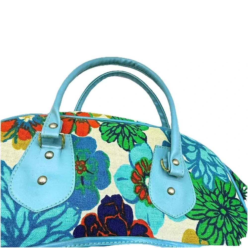 Rare Vintage 1960s Japanese Mod Floral Bowling Bag Embossed Turquoise Canvas